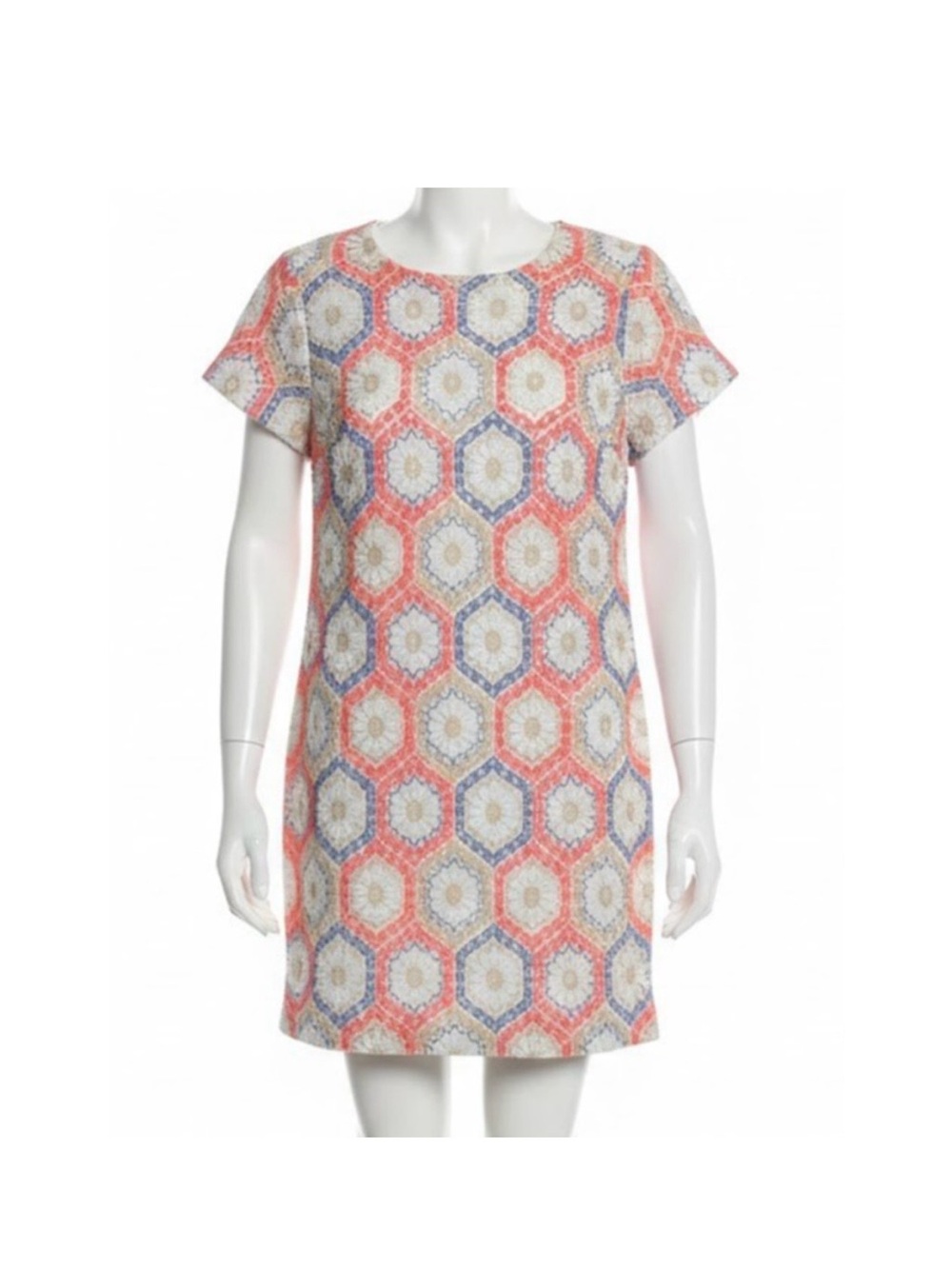 Lilly Pulitzer Leyla crochet Coral and Blue Hex Print lined Shift Dress